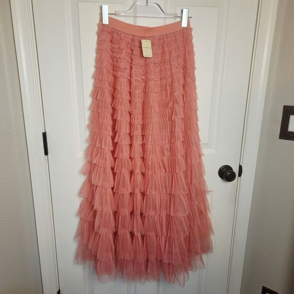 Free People Skirt Womens XS Pink Ruffle Tulle Maxi Elastic Waist Chiffon Tiered